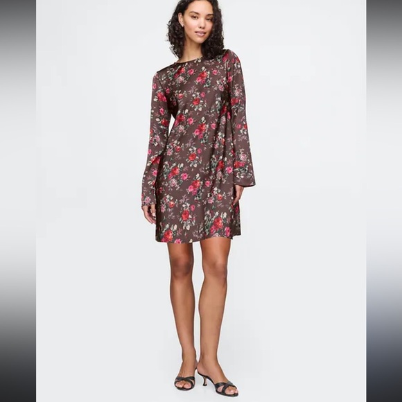 GAP Chocolate Brown Red Pink Rose Print Recycled Silky Satin Mini Dress NWOT S - Picture 2 of 16